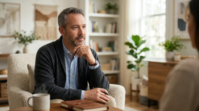 Male psychologist listening intently and taking notes during a mental health consultation with a client in an office.