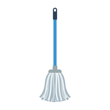 A Vector illustration of a Broom with a blue handle and white bristles stands upright indoors.