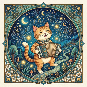 A whimsical cat plays an accordion under a starry night sky with crescent moons, surrounded by intricate borders and foliage