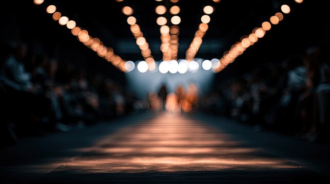 Dimly lit runway with bokeh lights, audience blurred, hinting at a fashion show