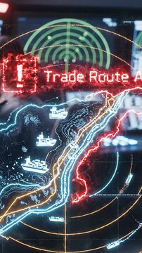 Tactical Hologram of Strait of Hormuz Shipping Blockade Map, Geopolitical Conflict and Maritime Trade Route Disruption, Persian Gulf Logistics Choke Point Military Strategy Graphic