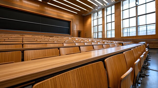 Rows of empty wooden desks and chairs fill a large, modern lecture hall