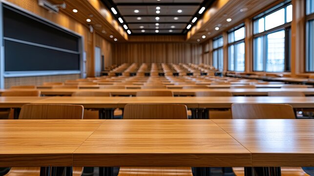 Rows of empty wooden desks and chairs in a sunlit, modern lecture hall