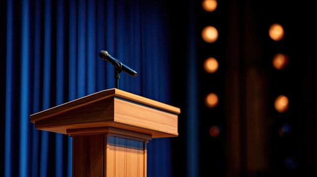 A wooden podium with a microphone on a stage with blue curtains and lights