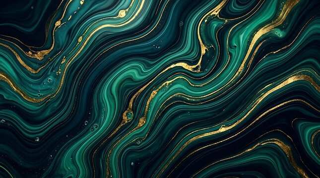 Emerald and gold marble abstract fluid art background with luxurious veins