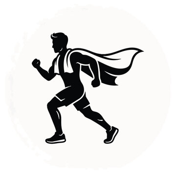 Man running with a towel draped like a cape. Black and white vector illustration. Summer heat and fitness concept isolated on transparent background