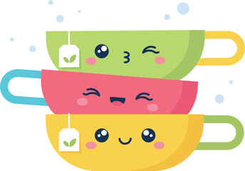 Naklejka premium Art & IllCute Kawaii Stacked Teacups Vector Illustration with Happy Smiling Faces and Tea Bags for Kitchen Decor, Menu Cards, and Kids Designsustration