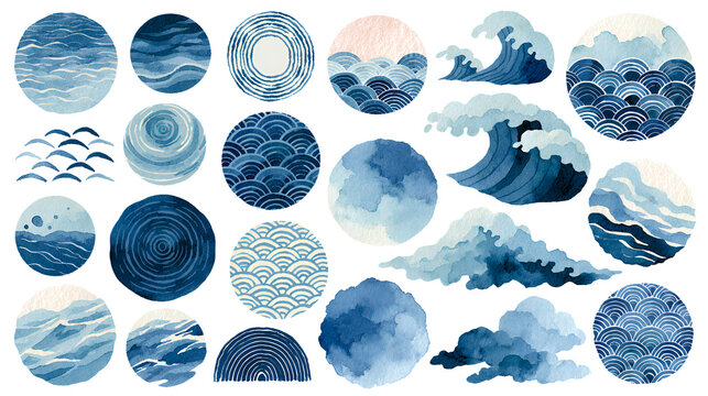 A set of Japanese-style illustration materials drawn with transparent watercolors. Water, waves, round brush, bleeding effect. Stock Illustration
