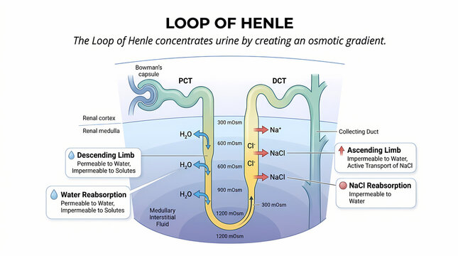 Educational Infographic Showing the Loop of Henle and Its Osmotic Gradient Role.