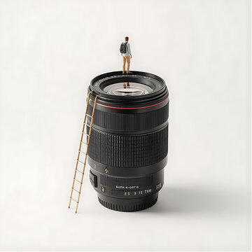 Tiny person on camera lens. Small figure climbing ladder. Creative photography concept.