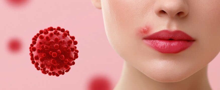 Herpes simplex virus depicted as cold sore infection concept, a medical illustration of a human herpesvirus causing lip blisters and sores, symbolizing viral skin disease and discomfort.