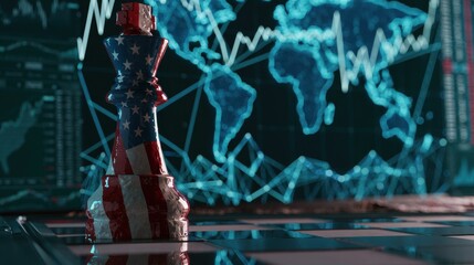 Fototapeta premium Close-up of a king chess piece decorated with a national flag pattern on a chessboard with a futuristic digital world map and financial graph interface in the background