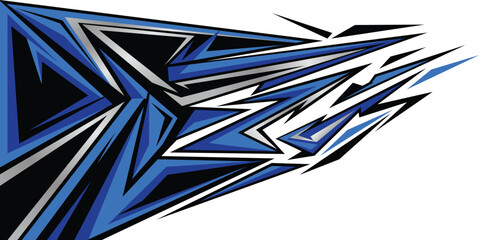 Fototapeta premium Car decal with abstract geometric artwork featuring sharp, angular shapes in varying shades of blue, gray, black, and white. 
