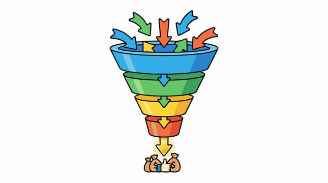 Multi-colored funnel with arrows leading to money bags and a thumb