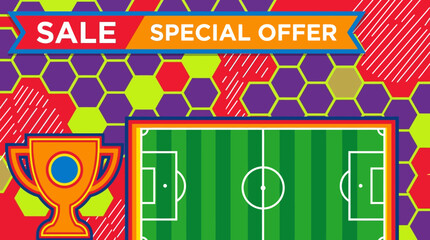 A vibrant soccer field with a trophy on a colorful hexagonal patterned background during a sale event. © Fendi