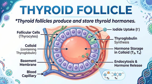 Scientific Infographic Detailing Thyroid Follicle Hormone Production Processes.