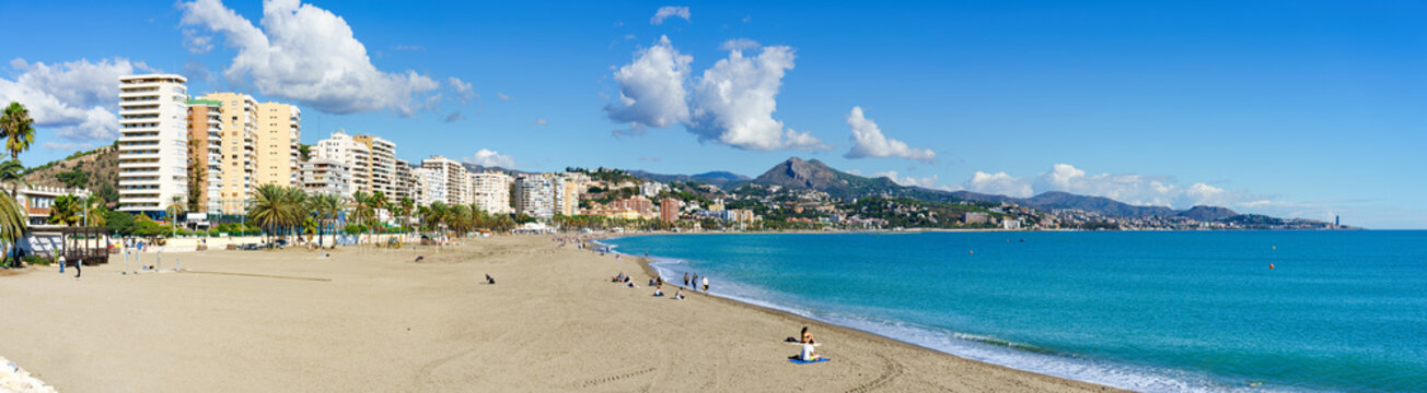 Malaga beach panoramic view on sunny day,. Andalusia, Spain