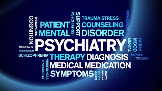 Psychiatry animated word cloud-text design animation tag kinetic typography seamless loop.