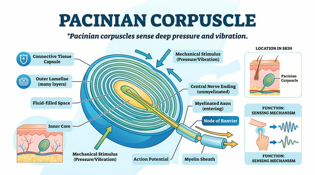 Anatomical Infographic Explaining Pacinian Corpuscle Structure and Skin Function.