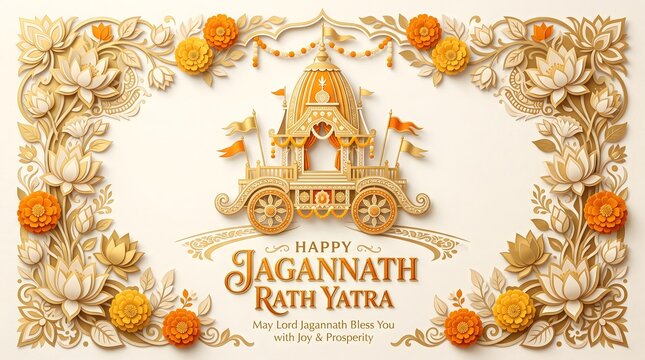 Happy Jagannath Rath Yatra festival decorative background with chariot and flowers.