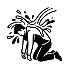 Obraz premium Kneeling person being splashed with cold water for relief. Extreme heat and heatstroke concept. Black and white vector illustration isolated on transparent background
