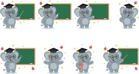 Cute elephant teacher cartoon character vector set teaching with blackboard wearing graduation cap on white background © MST