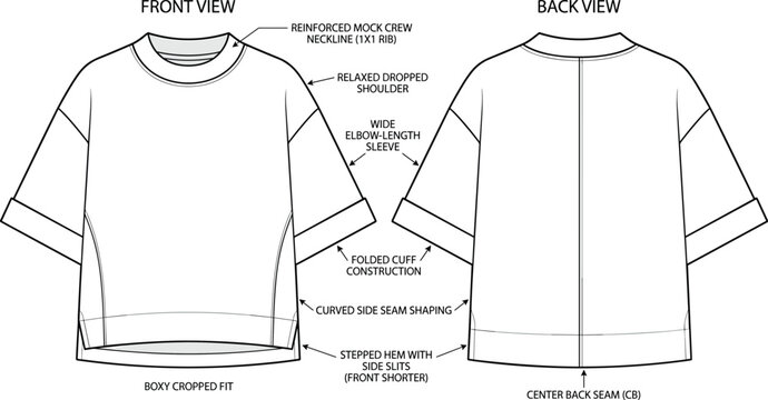 Oversized Boxy Cropped T Shirt Technical Flat Sketch with Front and Back Views