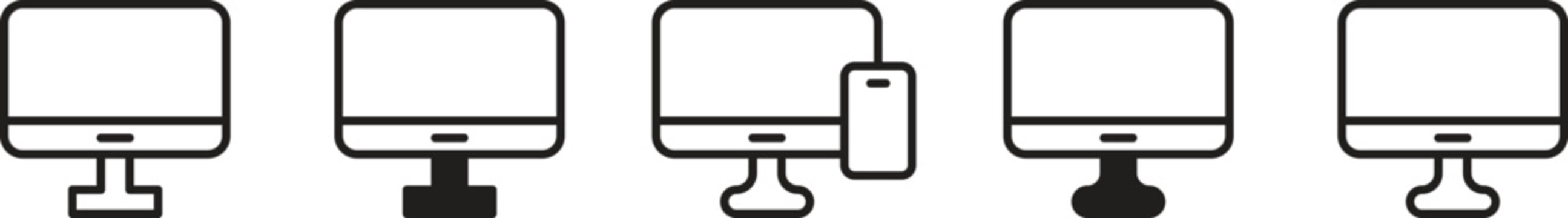 Minimal desktop PC silhouette icon. Responsive icon set. Computer monitor and TV display flat vector icon set. 