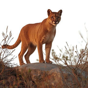 Mountain lion standing on a rock. Cougar posing in nature. Wild predator portrait.