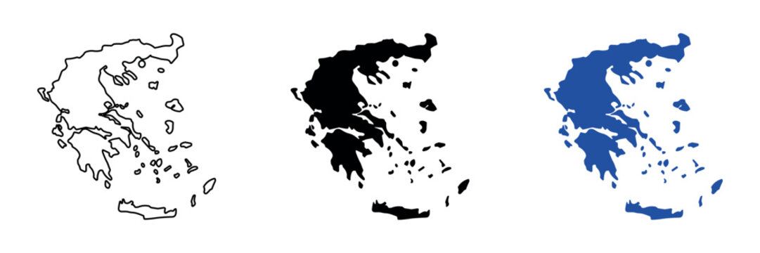 Outline and silhouette maps of Greece, showing its islands and mainland