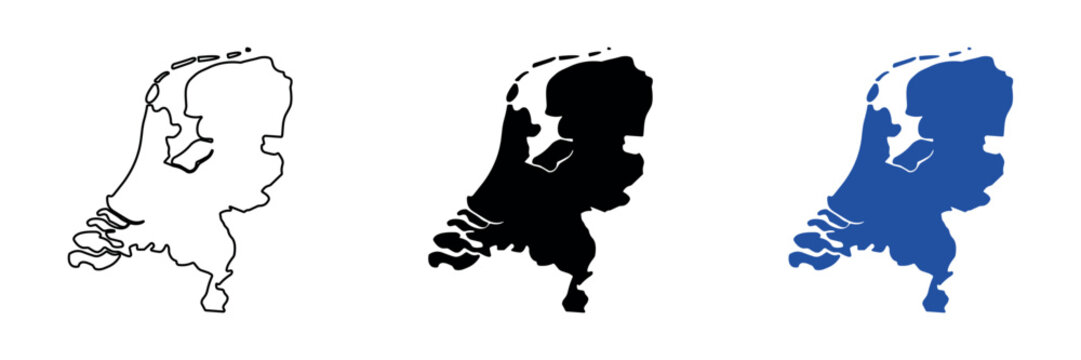 Outline and silhouette maps of the Netherlands in black and blue