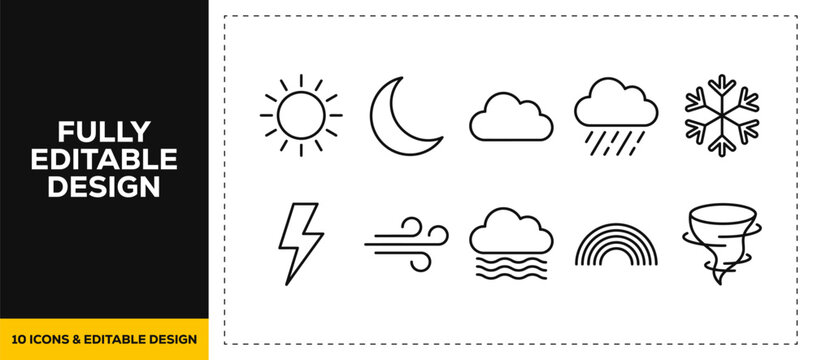 flat vector illustration line art icon bundle set design showcasing weather meteorology forecast climates rainy clouds thunderstorms and environmental nature graphic UI
