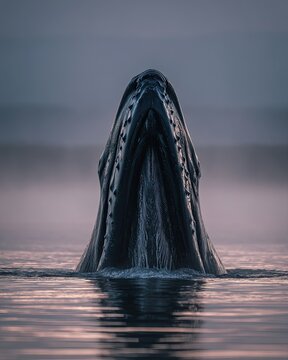 Majestic Bowhead Whale's Head Emerges from Misty Ocean Waters, Showing Bountiful Filter-Feeding Mouth