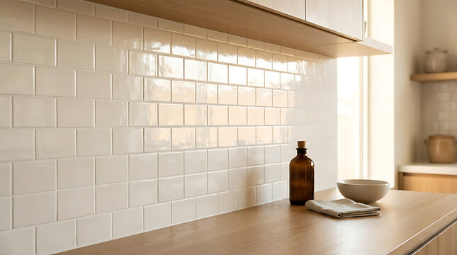 Modern kitchen interior with white subway tile backsplash and wooden countertop.