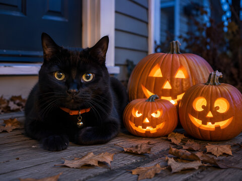 Black cat sitting on a wooden porch next to glowing Halloween jack-o-lantern pumpkins