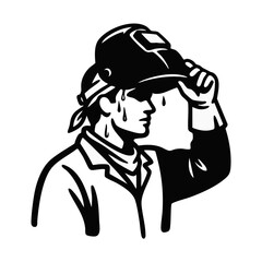 Fototapeta premium Welder lifting protective helmet with sweat pouring down. Industrial worker in extreme heat. Black and white vector illustration