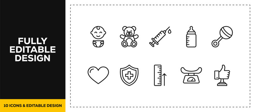 flat vector illustration line art icon bundle set design highlighting baby childcare motherhood newborn accessories infancy products and children kids health graphic UI