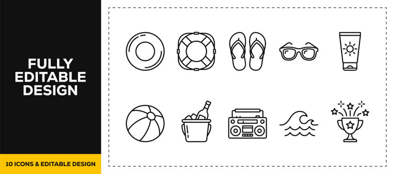 flat vector illustration line art icon bundle set design focusing on summer beach holidays ocean side travels relaxing vacations tropical items and sea leisure graphics