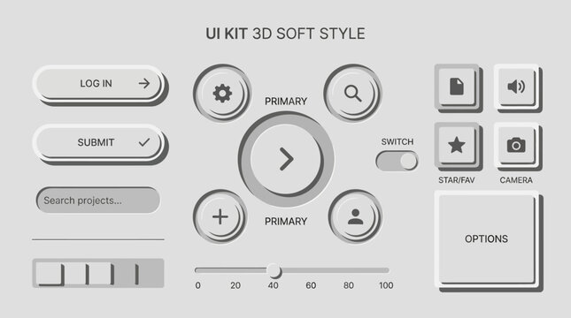 User interface kit with 3D soft style buttons and icons.