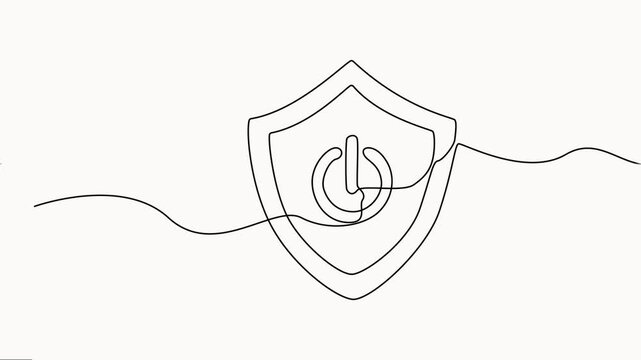  power sign in shield continuous one line drawing video, Protect linear symbol video. Full-length one-line animation, vector on white background.