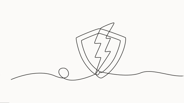  power sign in shield continuous one line drawing video, Protect linear symbol video. Full-length one-line animation, vector on white background.
