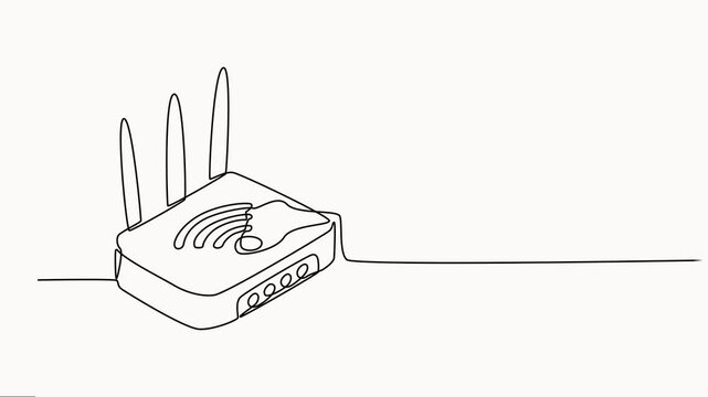 router animation continuous one line drawing, depicting network connectivity and digital communication, Animated self drawing of continuous line draw WI-FI wireless connection signal and shared