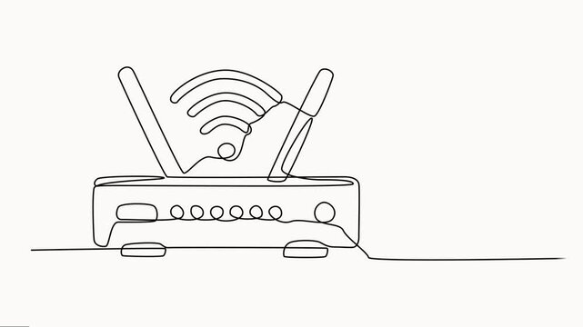 router animation continuous one line drawing, depicting network connectivity and digital communication, Animated self drawing of continuous line draw WI-FI wireless connection signal and shared