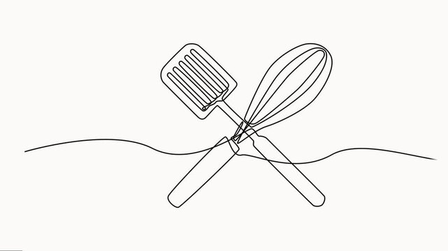 Continuous one line of a kitchen utensil spatula, and whisk in editable stroke, style hand-drawing vector illustration, self-drawing animation