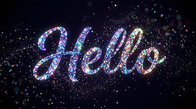 A sparkling hello message in a dark background with glittering particles everywhere