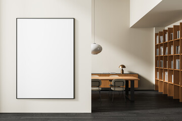 Large empty poster mockup in modern interior with wooden furniture and bookshelves creating minimal clean backdrop for creative design display. 3D Rendering © ImageFlow