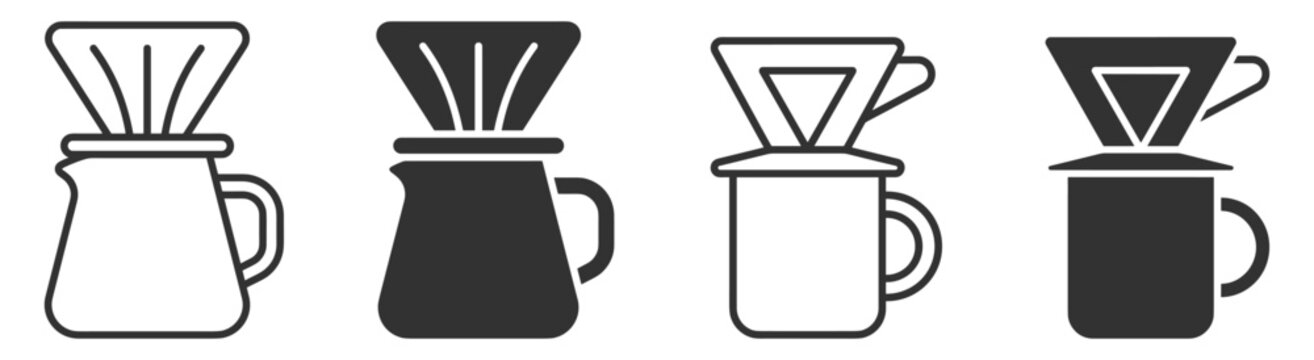 coffee dripper pot and mug line and solid icon set on transparent background