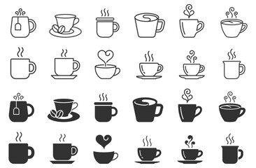 Obraz premium coffee cup icons set in line and solid styles for beverages and cafe on transparent background