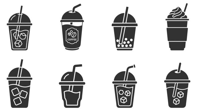 Set of black iced drink icons with cups straws ice cream and bubble tea vector illustration on transparent background