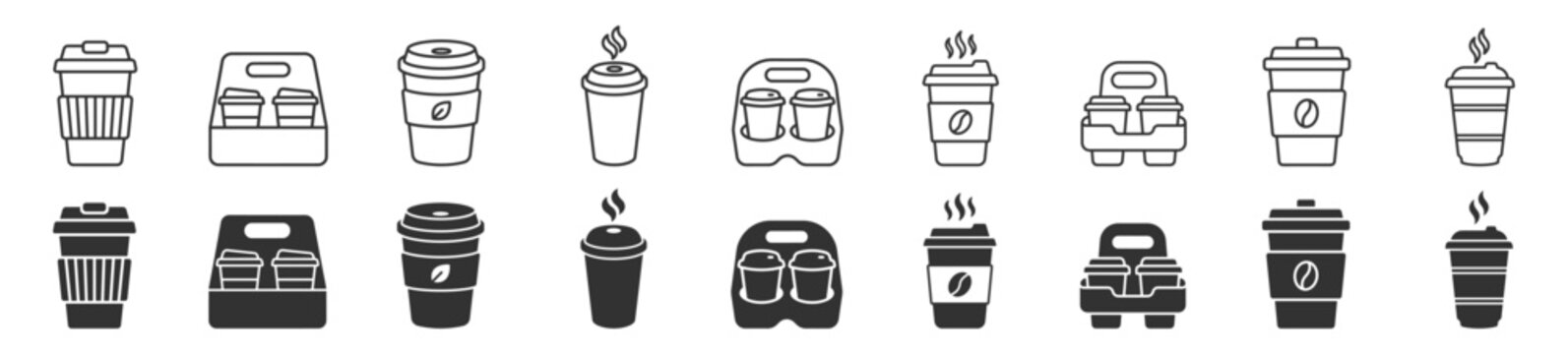 coffee to go cup icons set including single cups and double cup carriers in outline and filled styles on transparent background